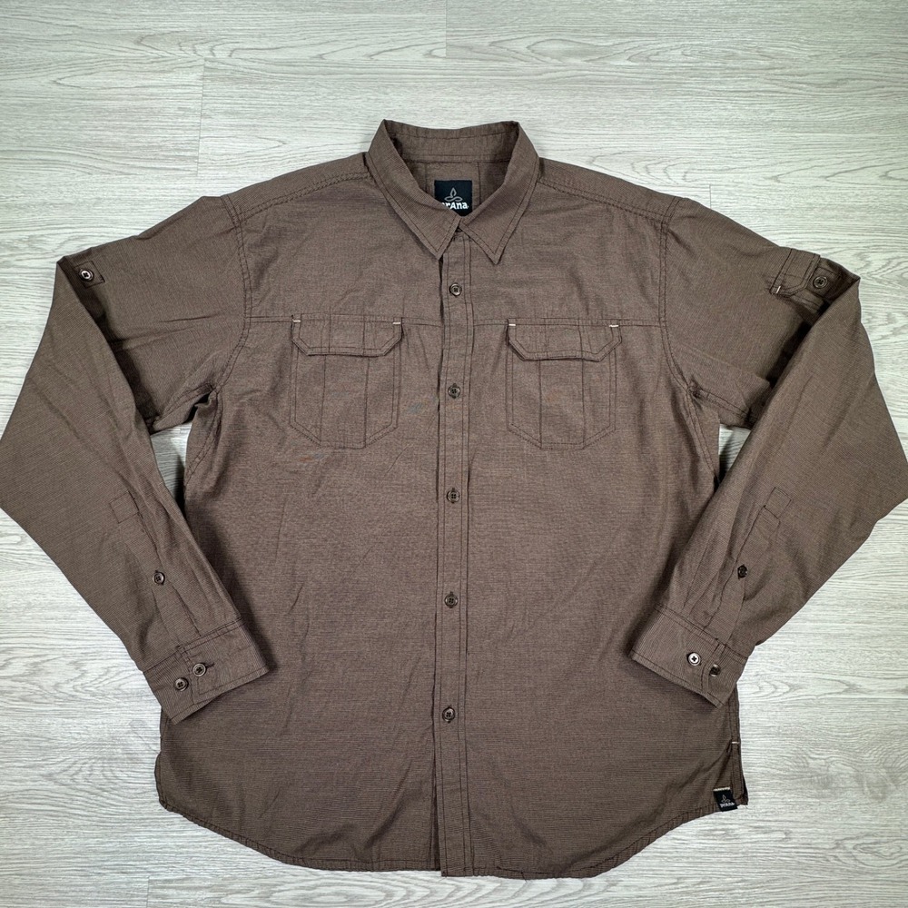 prAna Mens‎ Button Down Shirt Long Sleeve Brown Micro Check XL Utility Pockets